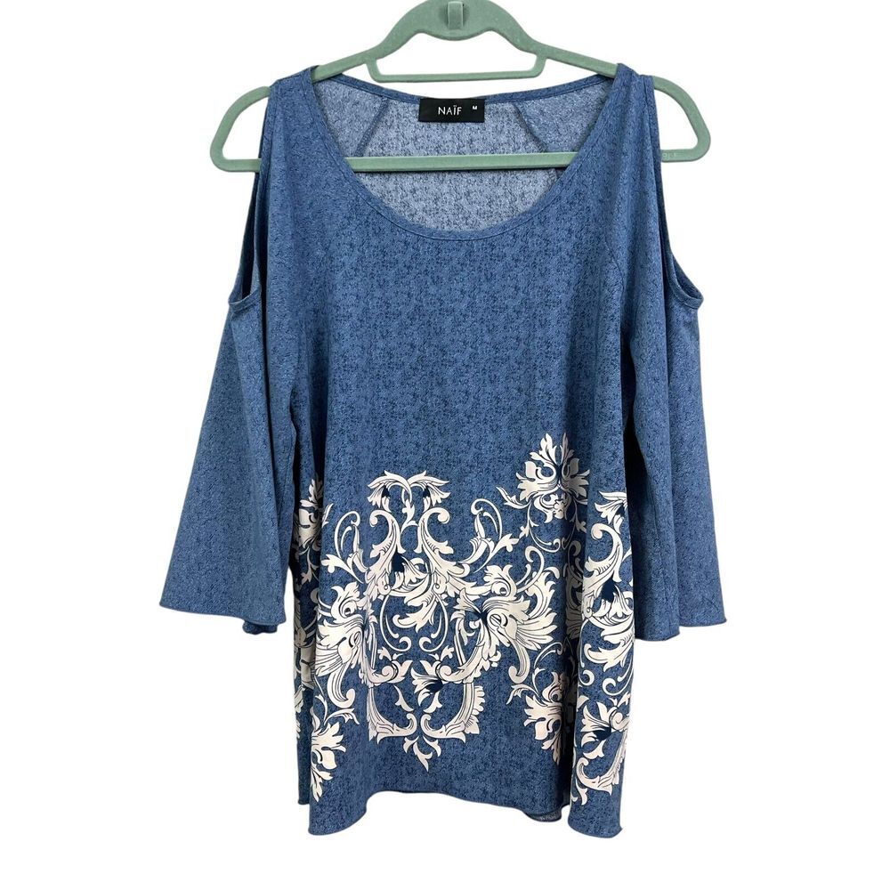 Naif Women Tunic Top Cold Shoulder Floral Print Hem Boho Flare Sleeve Blue Sz M*